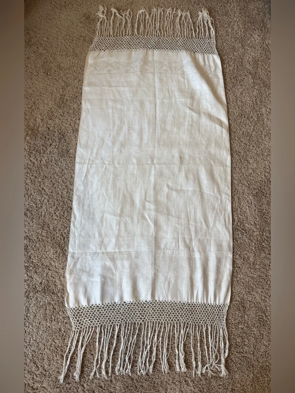 Antique Linen DRESSER SCARF RUNNER White Fringed Buffet Piano 58